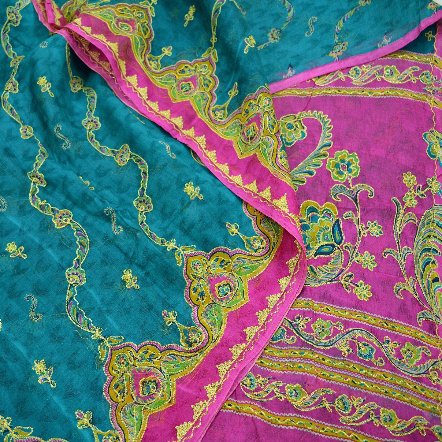 Indian Vintage Sari 100% Pure Silk Green & Pink Hand Beaded Zari Sarees Ethnic Floral 6yd Sequins Dress making Crafting Quilting