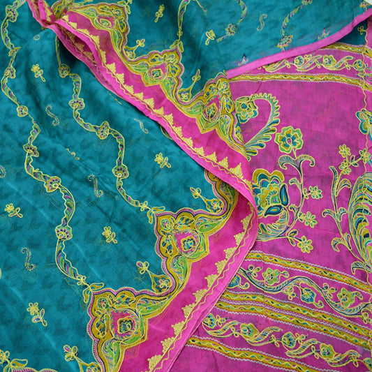 Indian Vintage Sari 100% Pure Silk Green & Pink Hand Beaded Zari Sarees Ethnic Floral 6yd Sequins Dress making Crafting Quilting