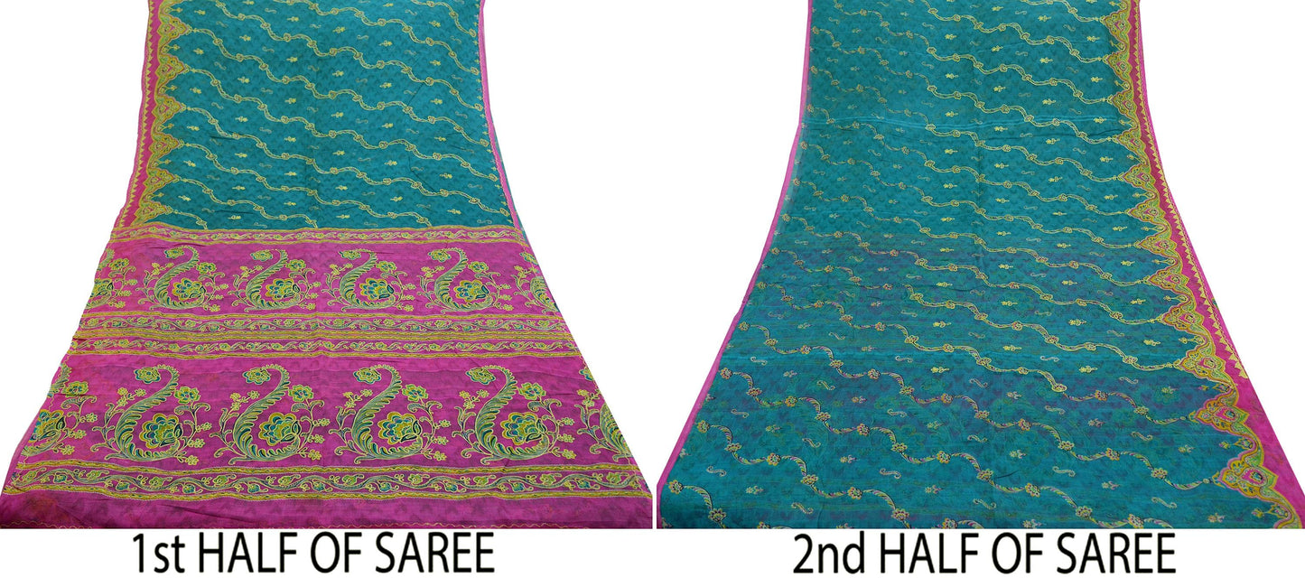 Indian Vintage Sari 100% Pure Silk Green & Pink Hand Beaded Zari Sarees Ethnic Floral 6yd Sequins Dress making Crafting Quilting