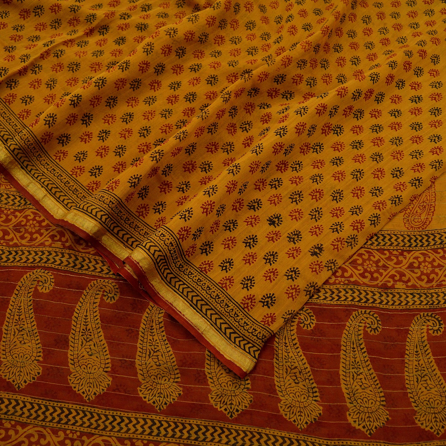 Indian Vintage Sari Mustard Pure chanderi Silk Block Printed Sarees Craft Fabric 5Yd Zari Border Floral Dress making bollywood silk sarees