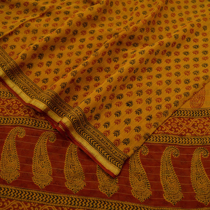 Indian Vintage Sari Mustard Pure chanderi Silk Block Printed Sarees Craft Fabric 5Yd Zari Border Floral Dress making bollywood silk sarees