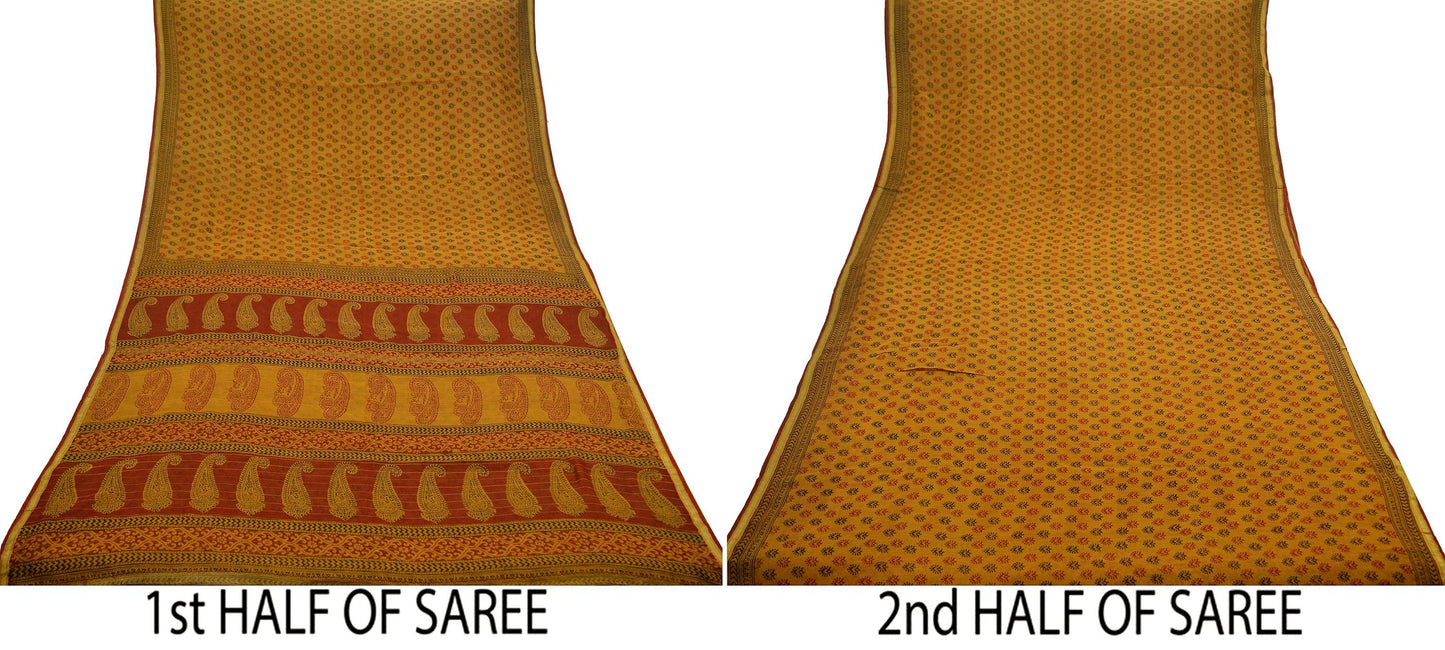 Indian Vintage Sari Mustard Pure chanderi Silk Block Printed Sarees Craft Fabric 5Yd Zari Border Floral Dress making bollywood silk sarees