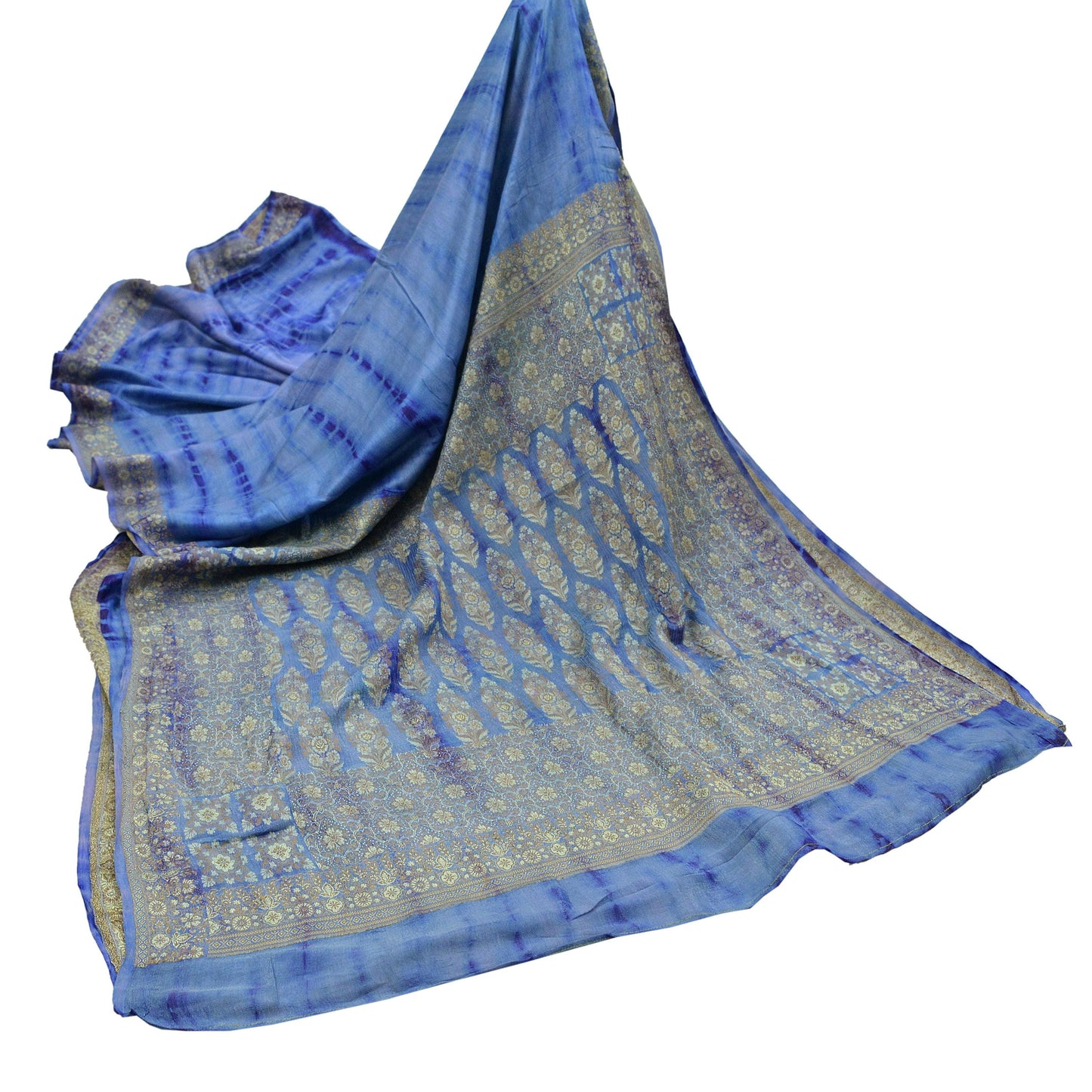 Indian Vintage Sari Blue Pure Silk Hand Woven Tie-Dye Sarees Craft Fabric 5Yd Sewing Ethnic Floral Dress making Crafting Quilting