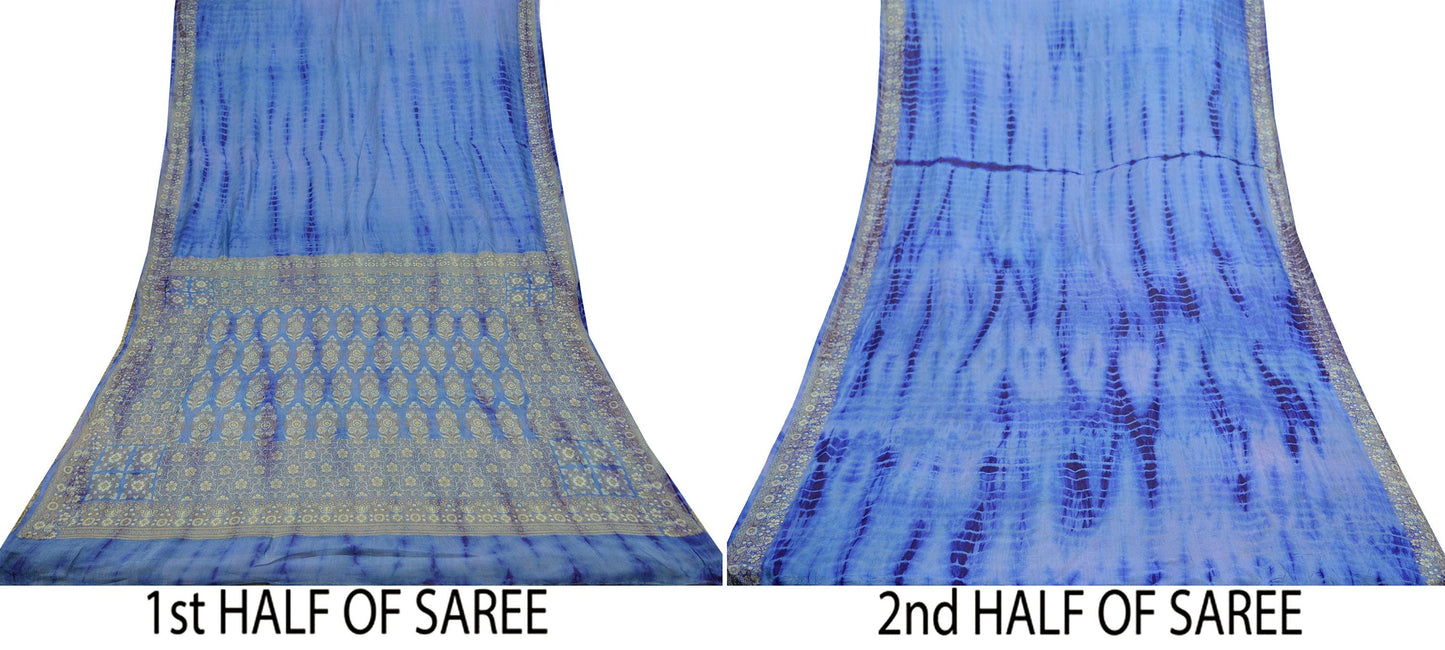 Indian Vintage Sari Blue Pure Silk Hand Woven Tie-Dye Sarees Craft Fabric 5Yd Sewing Ethnic Floral Dress making Crafting Quilting