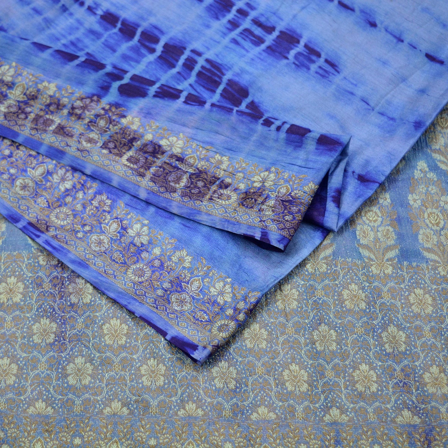 Indian Vintage Sari Blue Pure Silk Hand Woven Tie-Dye Sarees Craft Fabric 5Yd Sewing Ethnic Floral Dress making Crafting Quilting