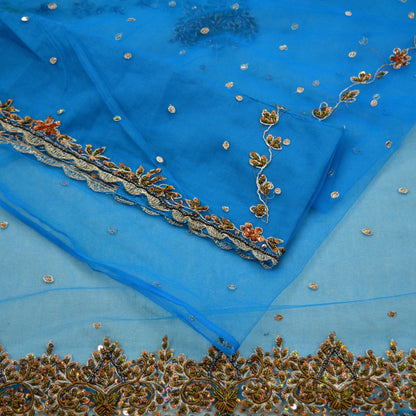 Indian Vintage Blue Saree Net/Mesh Hand Embroidered Indian Sari Fabric 6Yd Sewing Soft Silver Zardozi/Dabka Zari Sequins