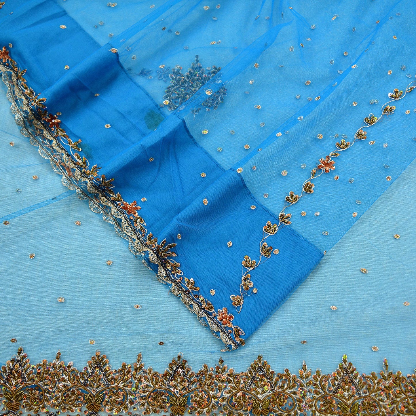 Indian Vintage Blue Saree Net/Mesh Hand Embroidered Indian Sari Fabric 6Yd Sewing Soft Silver Zardozi/Dabka Zari Sequins