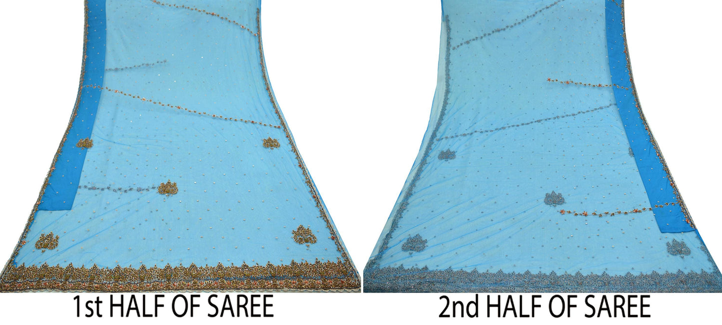 Indian Vintage Blue Saree Net/Mesh Hand Embroidered Indian Sari Fabric 6Yd Sewing Soft Silver Zardozi/Dabka Zari Sequins