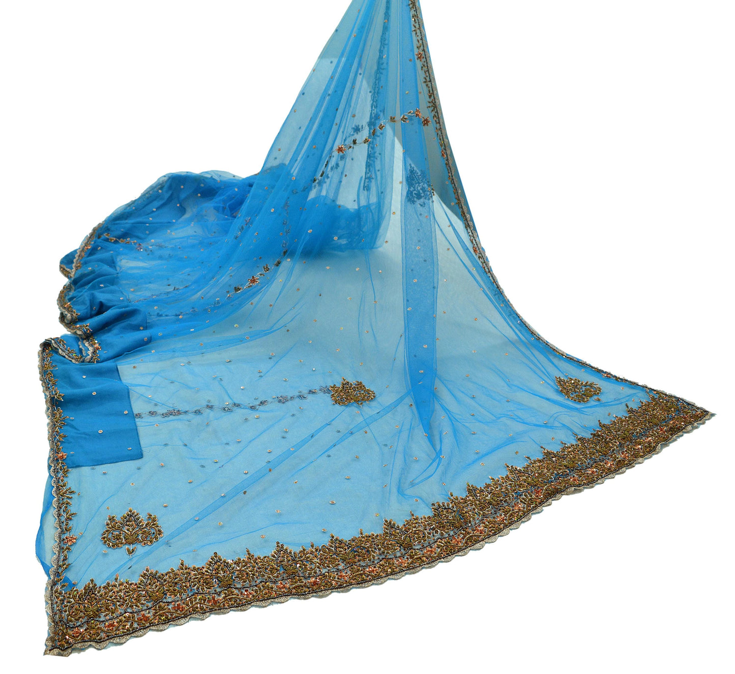 Indian Vintage Blue Saree Net/Mesh Hand Embroidered Indian Sari Fabric 6Yd Sewing Soft Silver Zardozi/Dabka Zari Sequins