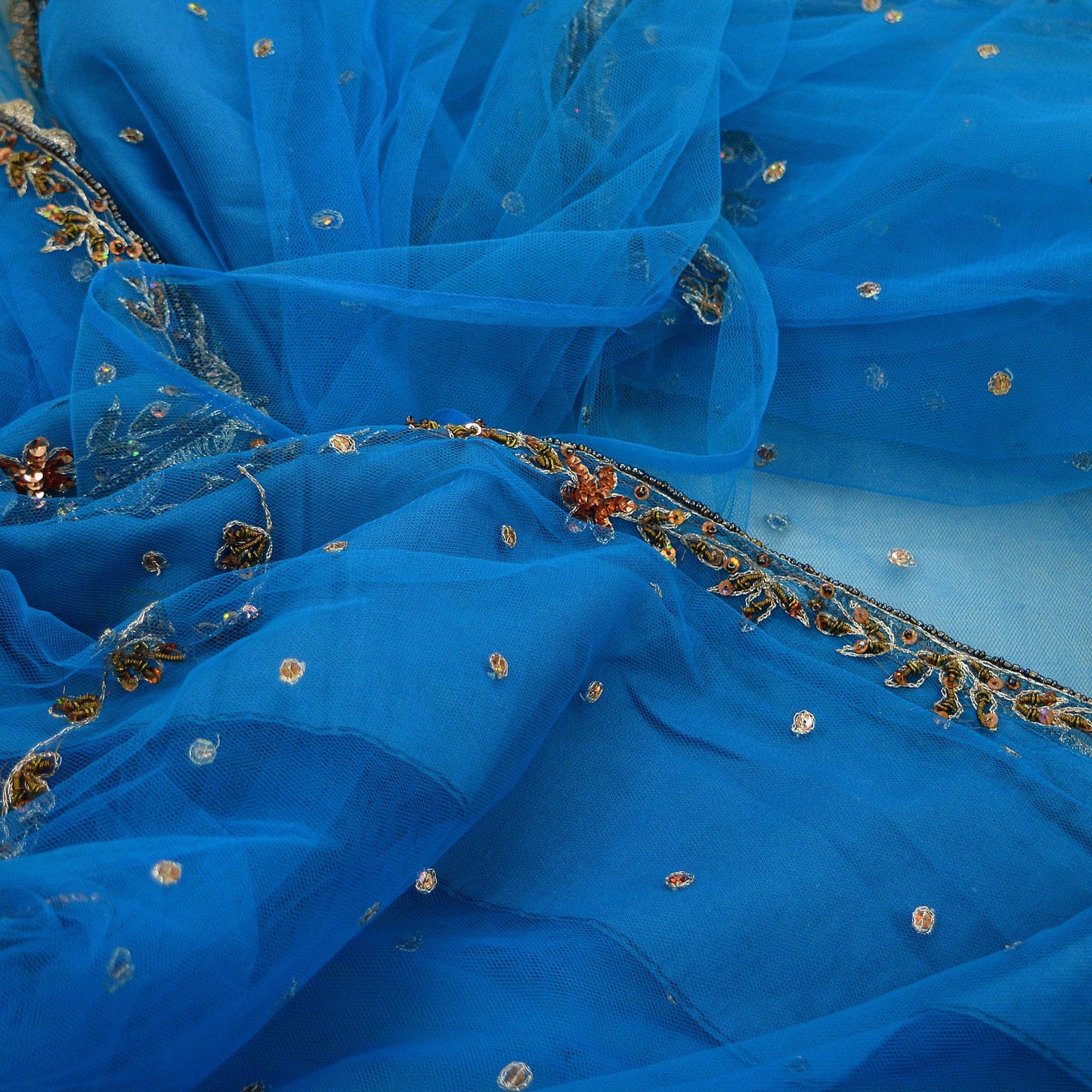 Indian Vintage Blue Saree Net/Mesh Hand Embroidered Indian Sari Fabric 6Yd Sewing Soft Silver Zardozi/Dabka Zari Sequins
