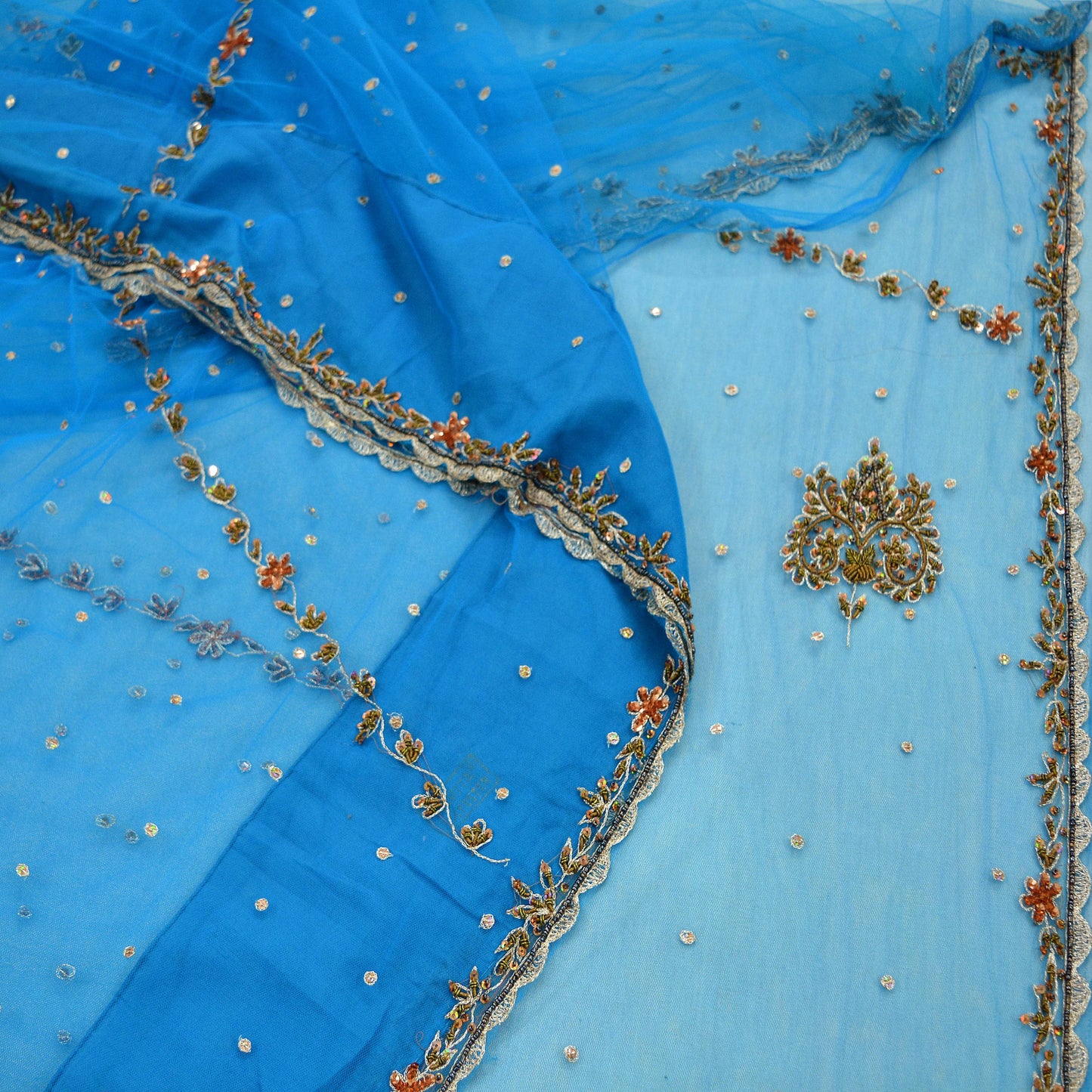 Indian Vintage Blue Saree Net/Mesh Hand Embroidered Indian Sari Fabric 6Yd Sewing Soft Silver Zardozi/Dabka Zari Sequins