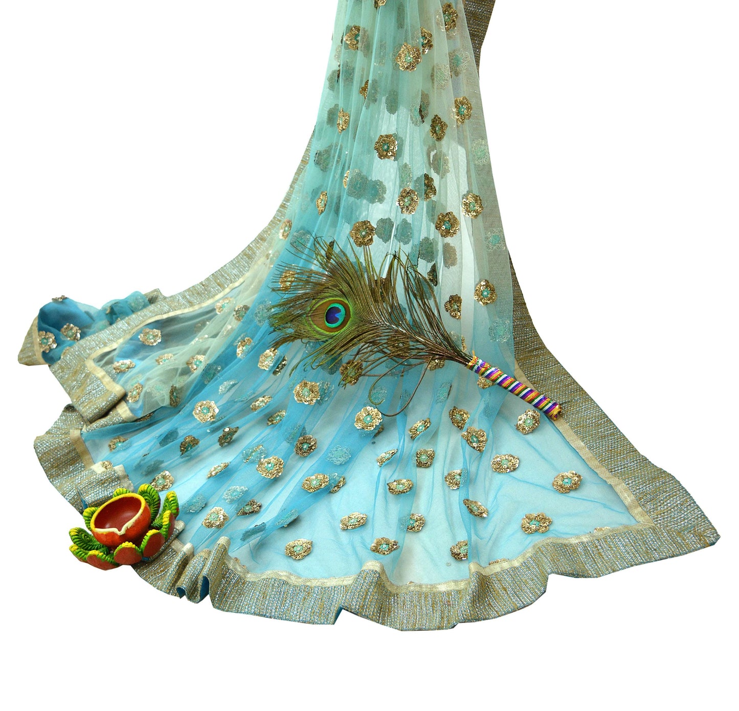 Indian Pre-owned Heavy Wedding Dupatta Blue & Green Net Mesh Long Stole Hand Embroidered sabyasachi Scarves Zardozi Dabka Zari Bridal Veil