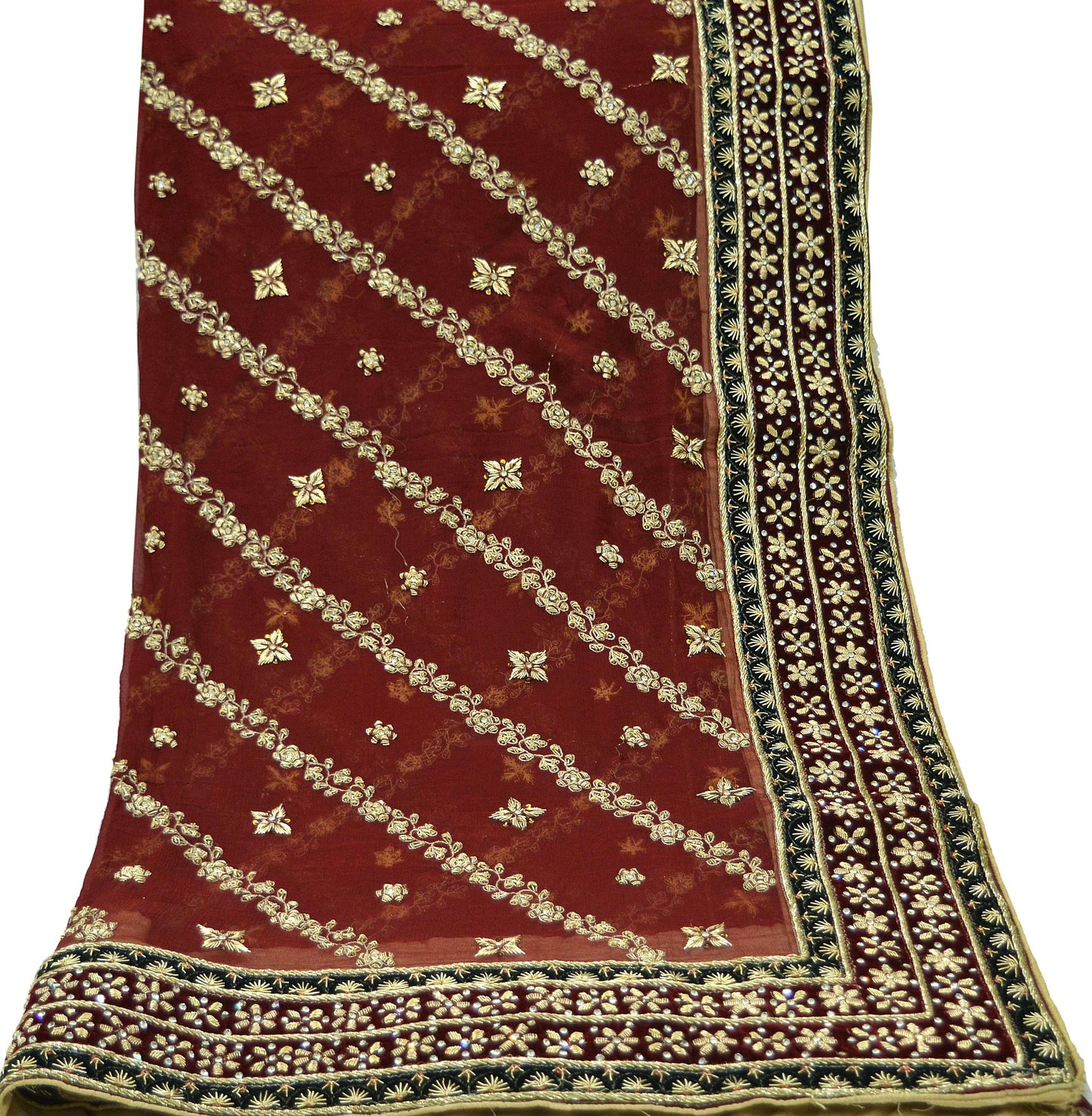 Indian Vintage Heavy Maroon Dupatta Pure Chiffon Silk Long Stole Hand Embroidered Scarf Zardozi/Dabka Zari Sequins Bridal Veil