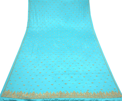 Indian Vintage Heavy Wedding Blue Dupatta Pure Satin Silk Long Stole Hand Embroidered Scarves Golden Zardozi Bridal Veil Hijab