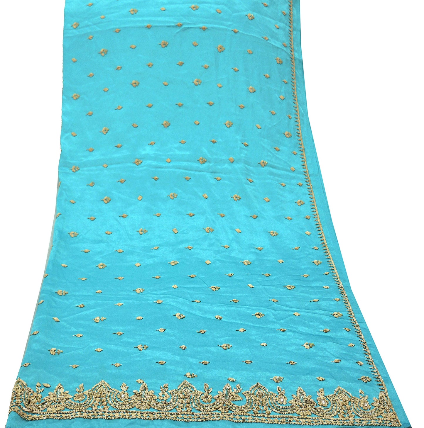 Indian Vintage Heavy Wedding Blue Dupatta Pure Satin Silk Long Stole Hand Embroidered Scarves Golden Zardozi Bridal Veil Hijab