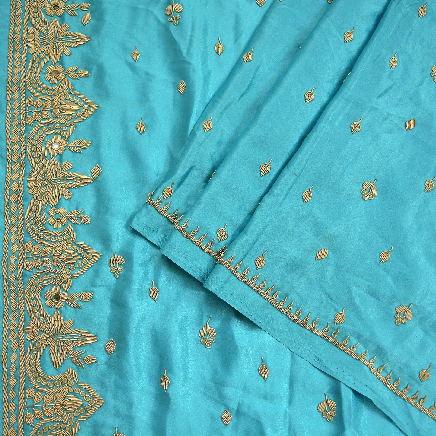 Indian Vintage Heavy Wedding Blue Dupatta Pure Satin Silk Long Stole Hand Embroidered Scarves Golden Zardozi Bridal Veil Hijab