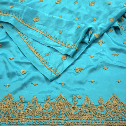 Indian Vintage Heavy Wedding Blue Dupatta Pure Satin Silk Long Stole Hand Embroidered Scarves Golden Zardozi Bridal Veil Hijab