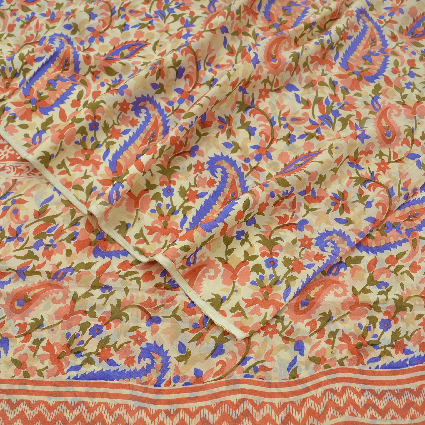 Indian Vintage Sari Beige Pure Crepe Silk Printed Sarees 5yd Sewing Floral Soft Craft Fabric Wrap Dress making Upcycle Crafting Quilting