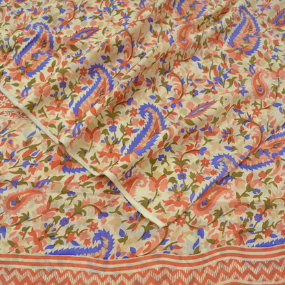 Indian Vintage Sari Beige Pure Crepe Silk Printed Sarees 5yd Sewing Floral Soft Craft Fabric Wrap Dress making Upcycle Crafting Quilting