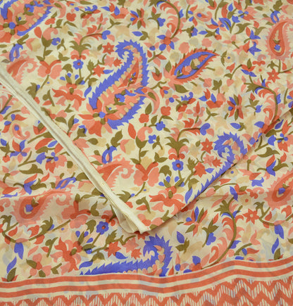 Indian Vintage Sari Beige Pure Crepe Silk Printed Sarees 5yd Sewing Floral Soft Craft Fabric Wrap Dress making Upcycle Crafting Quilting