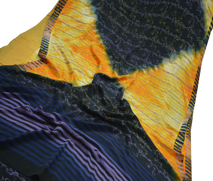 Indian Vintage Sari Black & Saffron Pure Crepe Silk Tie-Dye Printed Sarees 5yd Sewing Ethnic Wrap Craft Fabric Sewing Dress making Crafting