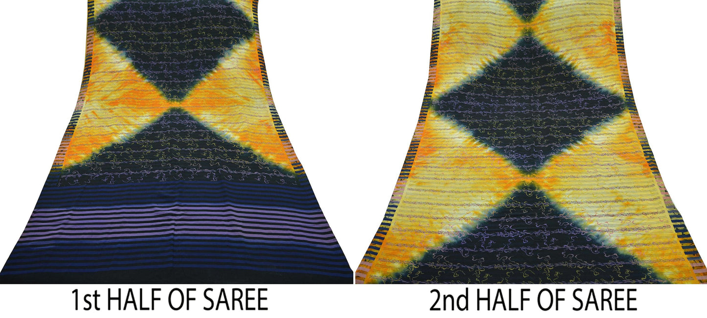 Indian Vintage Sari Black & Saffron Pure Crepe Silk Tie-Dye Printed Sarees 5yd Sewing Ethnic Wrap Craft Fabric Sewing Dress making Crafting