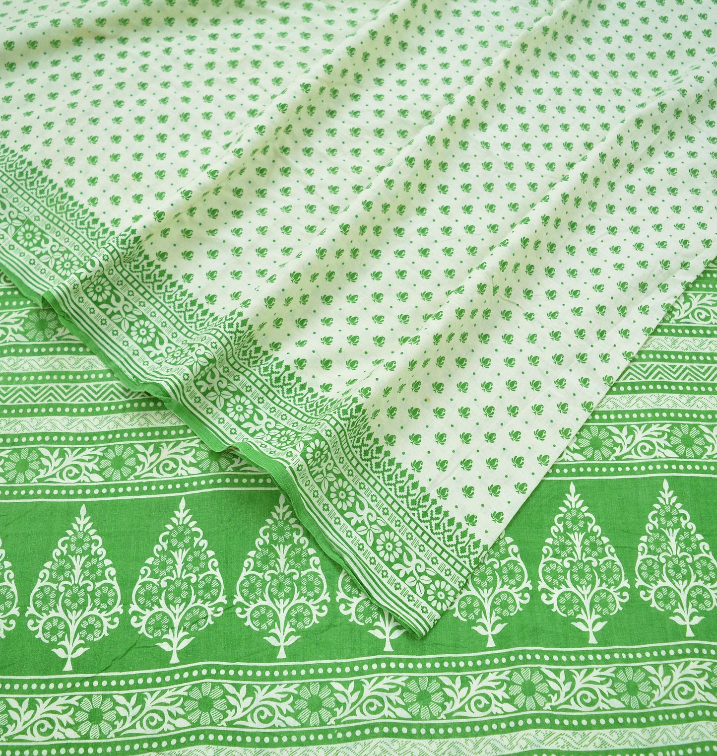 Indian Vintage Sari Green & Ivory Printed Pure Cotton Sarees 5Yd Craft Fabric Soft Sewing Sarong Wrap Boho Upcycle quilting Dress making