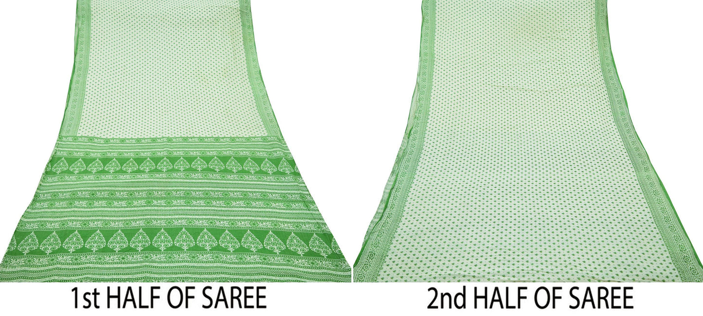 Indian Vintage Sari Green & Ivory Printed Pure Cotton Sarees 5Yd Craft Fabric Soft Sewing Sarong Wrap Boho Upcycle quilting Dress making