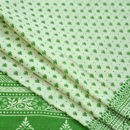 Indian Vintage Sari Green & Ivory Printed Pure Cotton Sarees 5Yd Craft Fabric Soft Sewing Sarong Wrap Boho Upcycle quilting Dress making