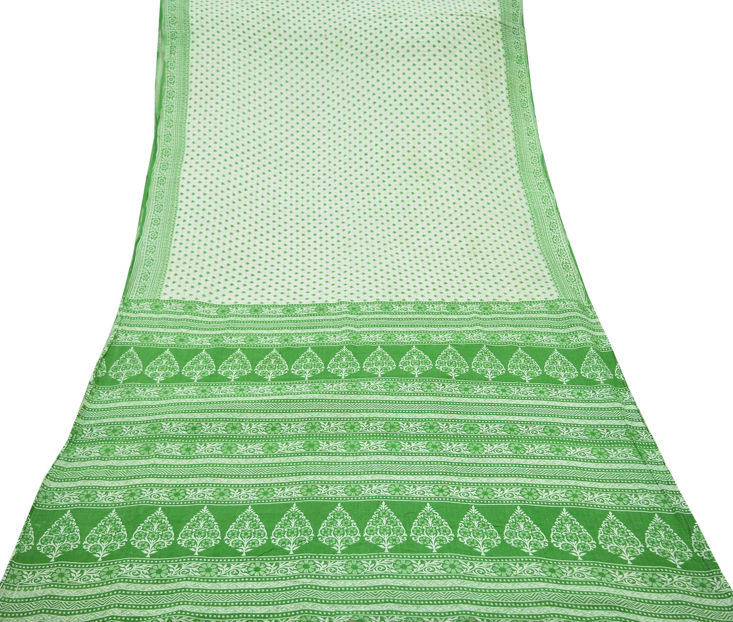 Indian Vintage Sari Green & Ivory Printed Pure Cotton Sarees 5Yd Craft Fabric Soft Sewing Sarong Wrap Boho Upcycle quilting Dress making