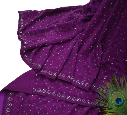 Indian Vintage Heavy Sari Purple Saree Pure Crepe Silk Hand Embroidered Sarees Craft Fabric 5yd Sewing Sequins Crafting Dress making Upcycle