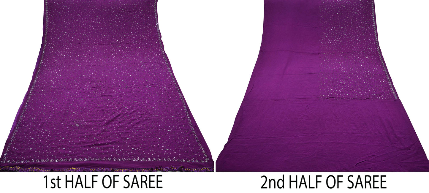 Indian Vintage Heavy Sari Purple Saree Pure Crepe Silk Hand Embroidered Sarees Craft Fabric 5yd Sewing Sequins Crafting Dress making Upcycle