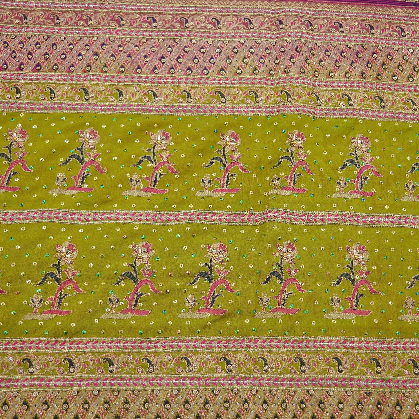 Indian Vintage Heavy Sari Pink & Green Pure Silk Hand Embroidered Sarees Fabric 5Yd Sewing Zardozi/Dabka Sequins Wedding Sarees Crafting