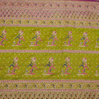 Indian Vintage Heavy Sari Pink & Green Pure Silk Hand Embroidered Sarees Fabric 5Yd Sewing Zardozi/Dabka Sequins Wedding Sarees Crafting