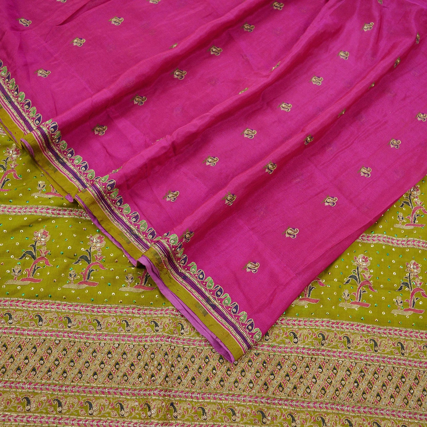 Indian Vintage Heavy Sari Pink & Green Pure Silk Hand Embroidered Sarees Fabric 5Yd Sewing Zardozi/Dabka Sequins Wedding Sarees Crafting