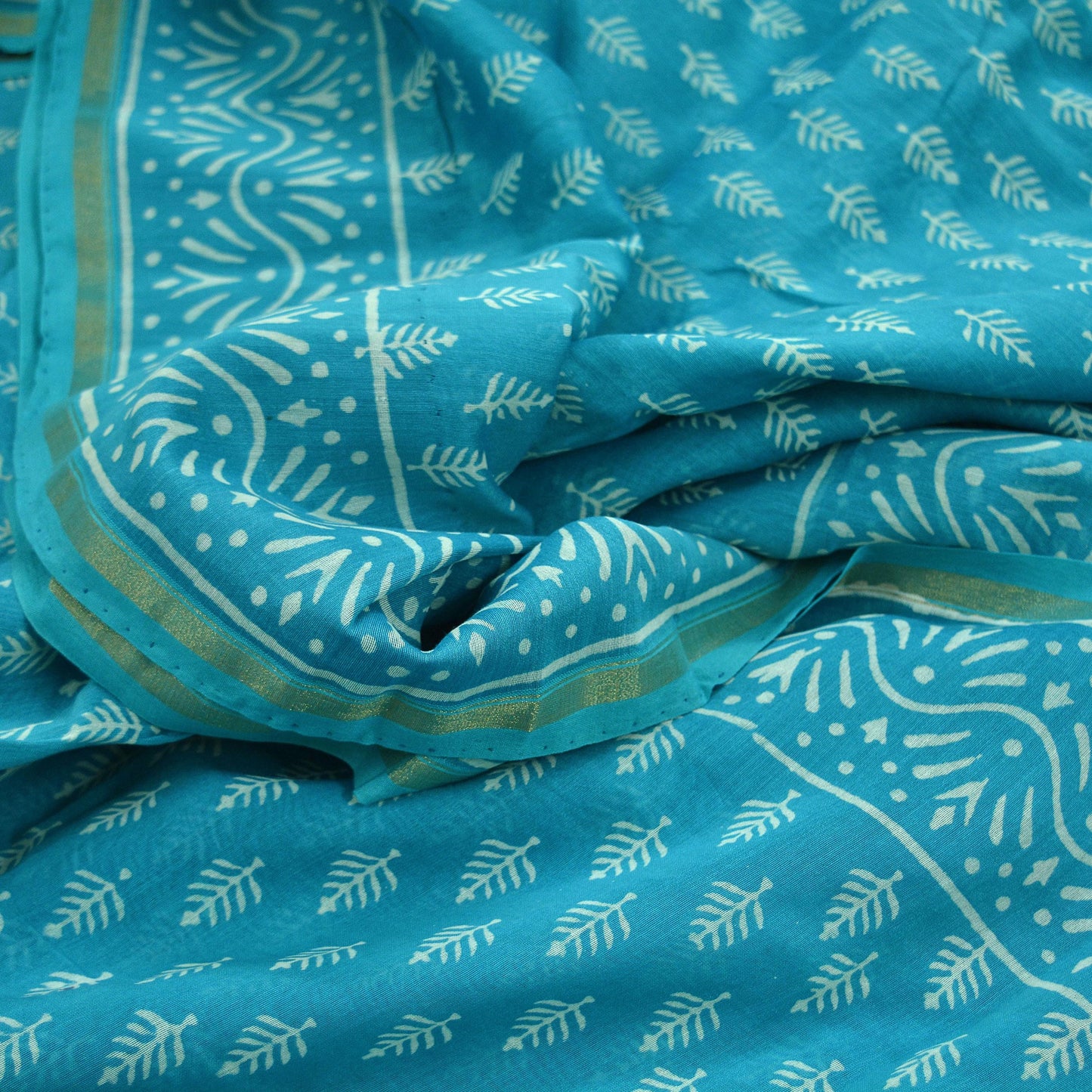 Indian Vintage Sari Blue Pure chanderi Silk Bagru Printed Saree 5Yd Fabric Floral Soft Zari Border Ethnic Upcycle Crafting Dress making