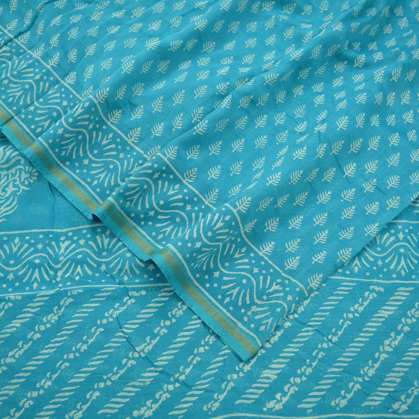 Indian Vintage Sari Blue Pure chanderi Silk Bagru Printed Saree 5Yd Fabric Floral Soft Zari Border Ethnic Upcycle Crafting Dress making