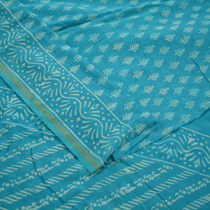 Indian Vintage Sari Blue Pure chanderi Silk Bagru Printed Saree 5Yd Fabric Floral Soft Zari Border Ethnic Upcycle Crafting Dress making