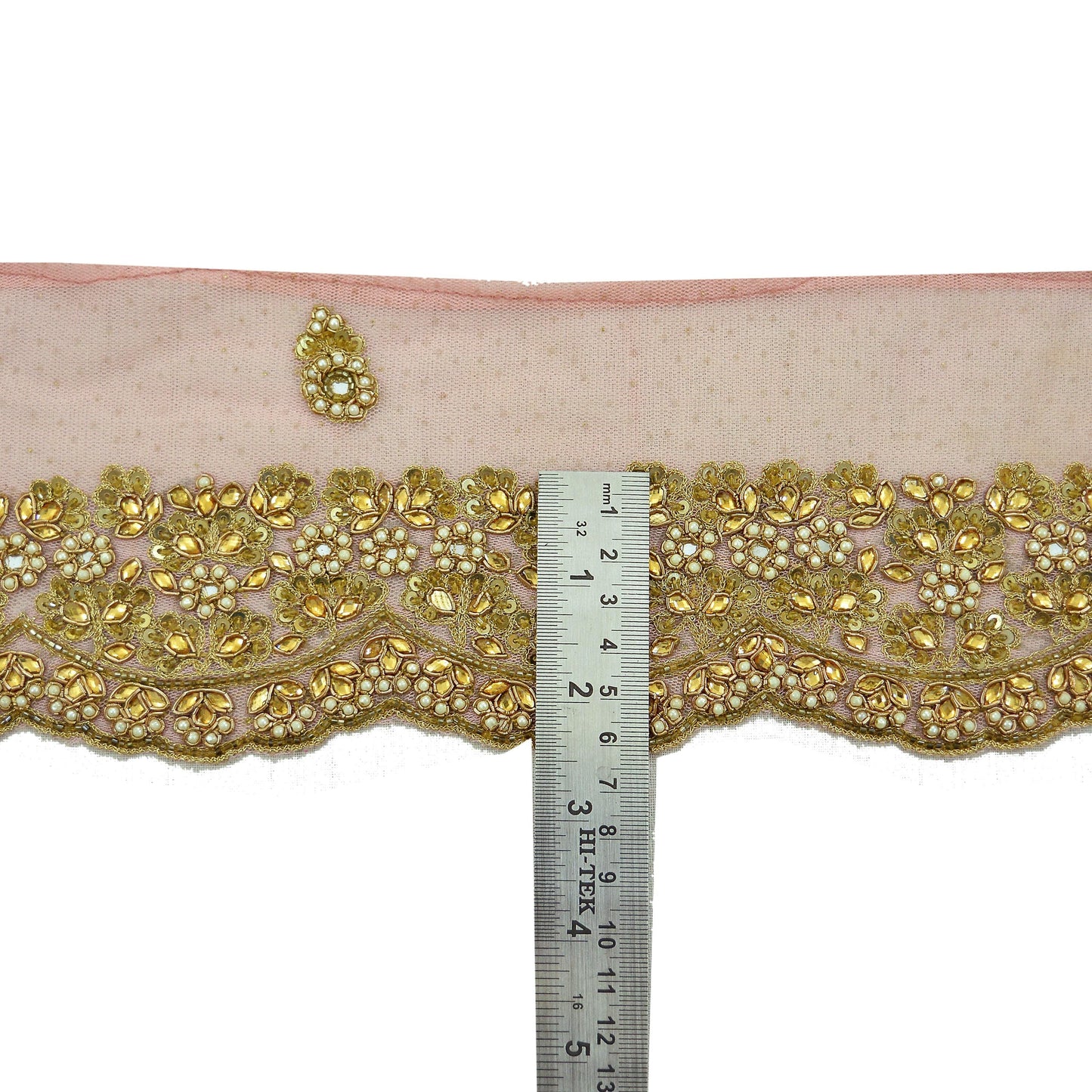 Indian Vintage Peach Sari Border Hand Embroidered 1yd Craft Trim Lace Sewing Net/Mess Ribbon Recycled Sari Border Zardozi/ Dabka Zari