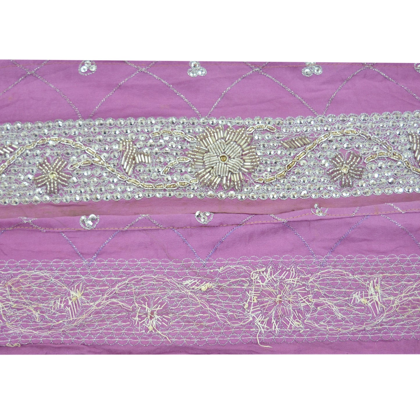 Indian Vintage Pink Sari Border Hand Embroidered 1yd Craft Trim Lace Sewing Sari Ribbon Pure Crepe silk  Zardozi/Dabka Zari