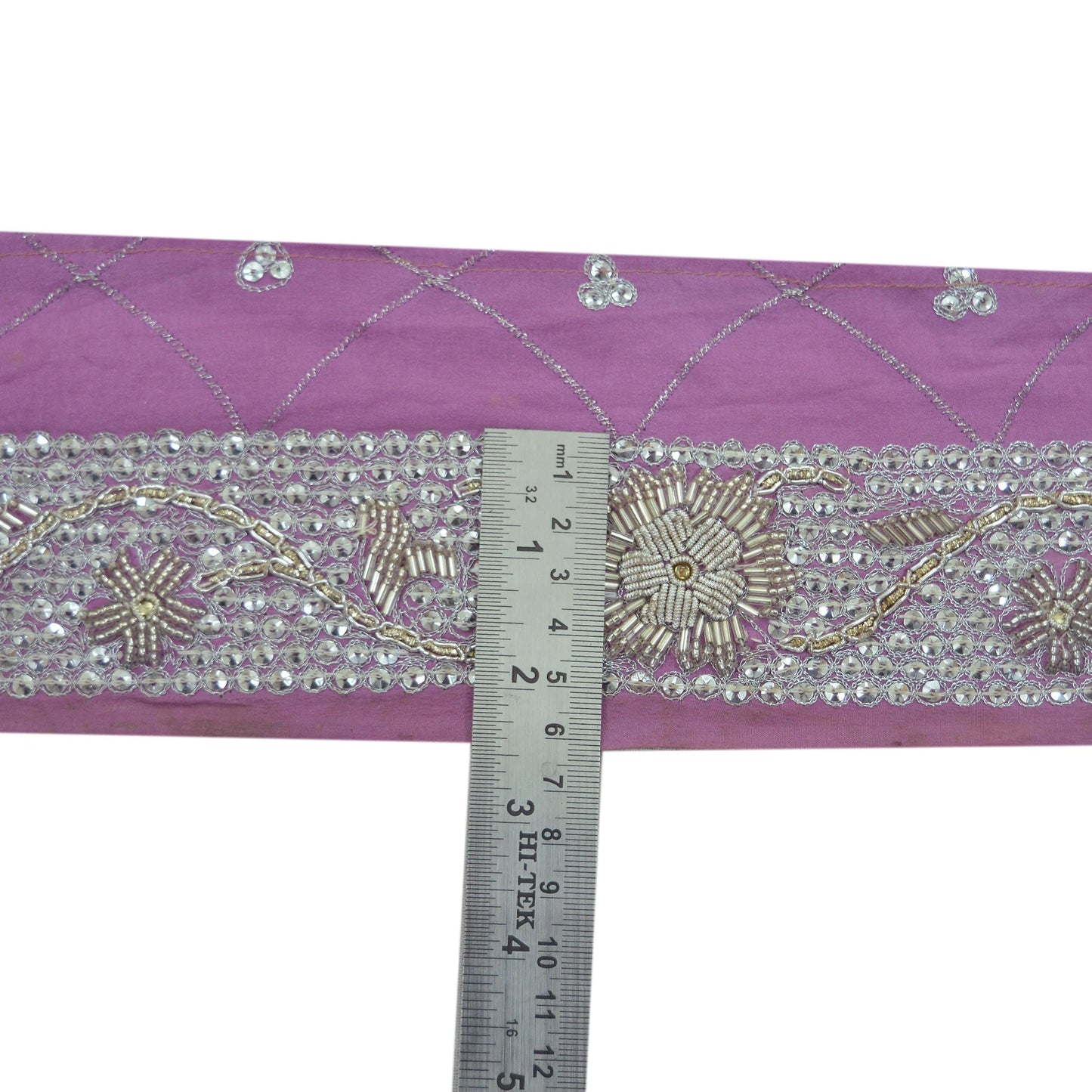 Indian Vintage Pink Sari Border Hand Embroidered 1yd Craft Trim Lace Sewing Sari Ribbon Pure Crepe silk  Zardozi/Dabka Zari