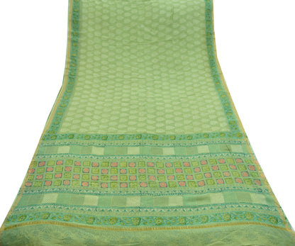 Indian Vintage Sari Green Pure chanderi Silk Block Printed Sarees Fabric 6Yd Soft Zari Border Peacock Dress making bollywood sarees