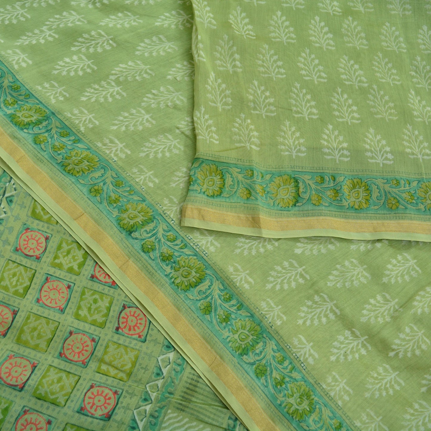 Indian Vintage Sari Green Pure chanderi Silk Block Printed Sarees Fabric 6Yd Soft Zari Border Peacock Dress making bollywood sarees