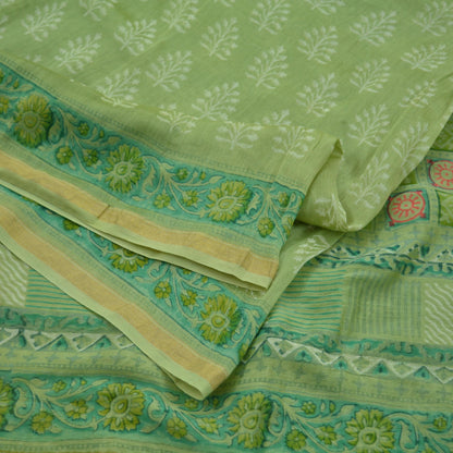 Indian Vintage Sari Green Pure chanderi Silk Block Printed Sarees Fabric 6Yd Soft Zari Border Peacock Dress making bollywood sarees