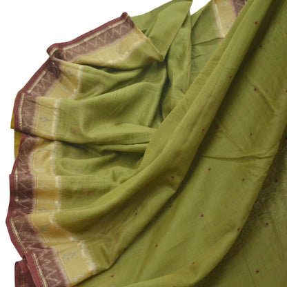 Indian Vintage Sari Green Hand woven Sambalpuri Ikat Saree Pure Silk Craft Fabric 5Yd Ethnic Chackra Zari Border