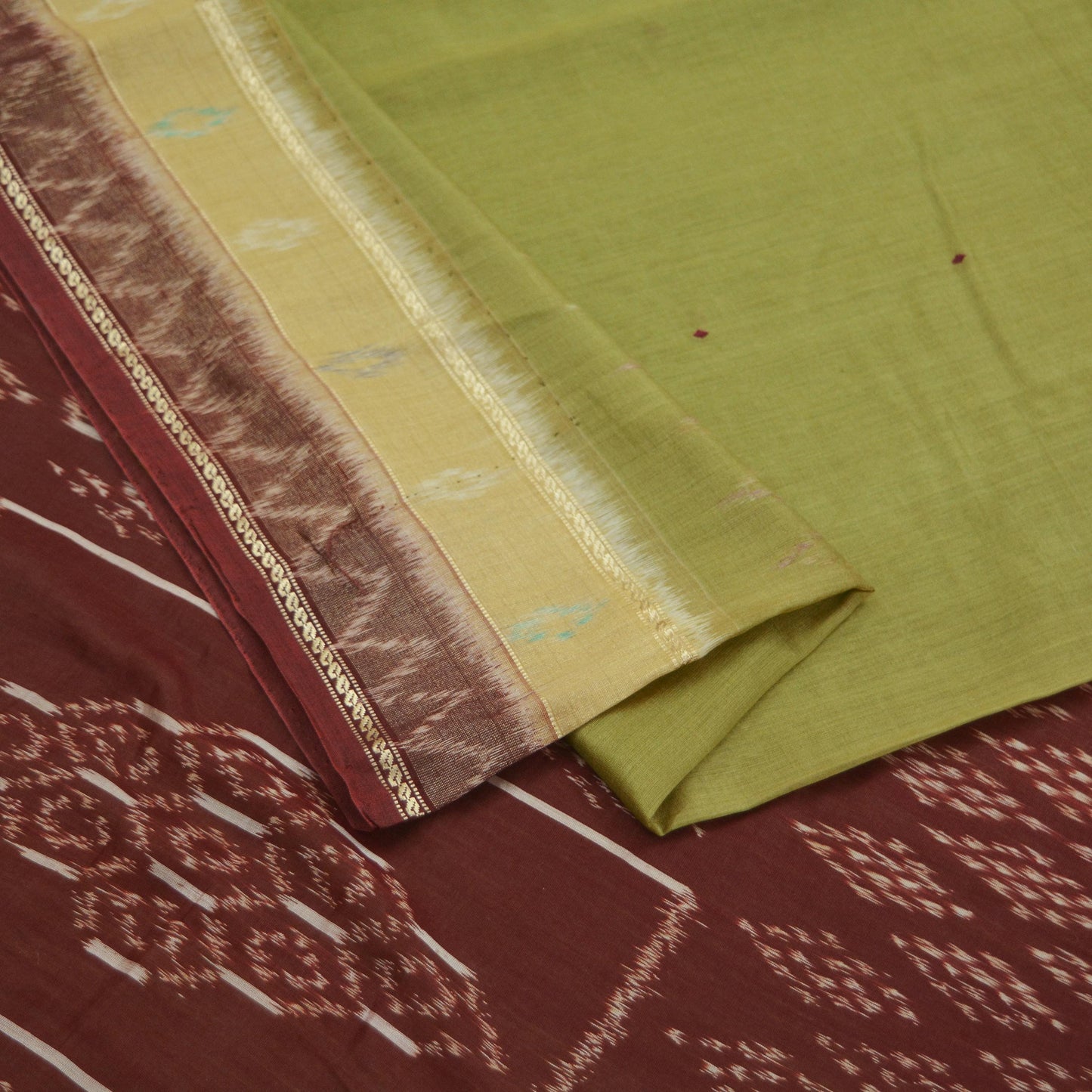 Indian Vintage Sari Green Hand woven Sambalpuri Ikat Saree Pure Silk Craft Fabric 5Yd Ethnic Chackra Zari Border