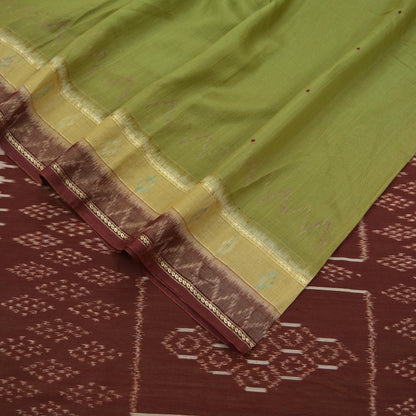 Indian Vintage Sari Green Hand woven Sambalpuri Ikat Saree Pure Silk Craft Fabric 5Yd Ethnic Chackra Zari Border