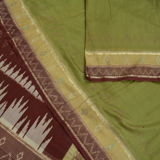 Indian Vintage Sari Green Hand woven Sambalpuri Ikat Saree Pure Silk Craft Fabric 5Yd Ethnic Chackra Zari Border