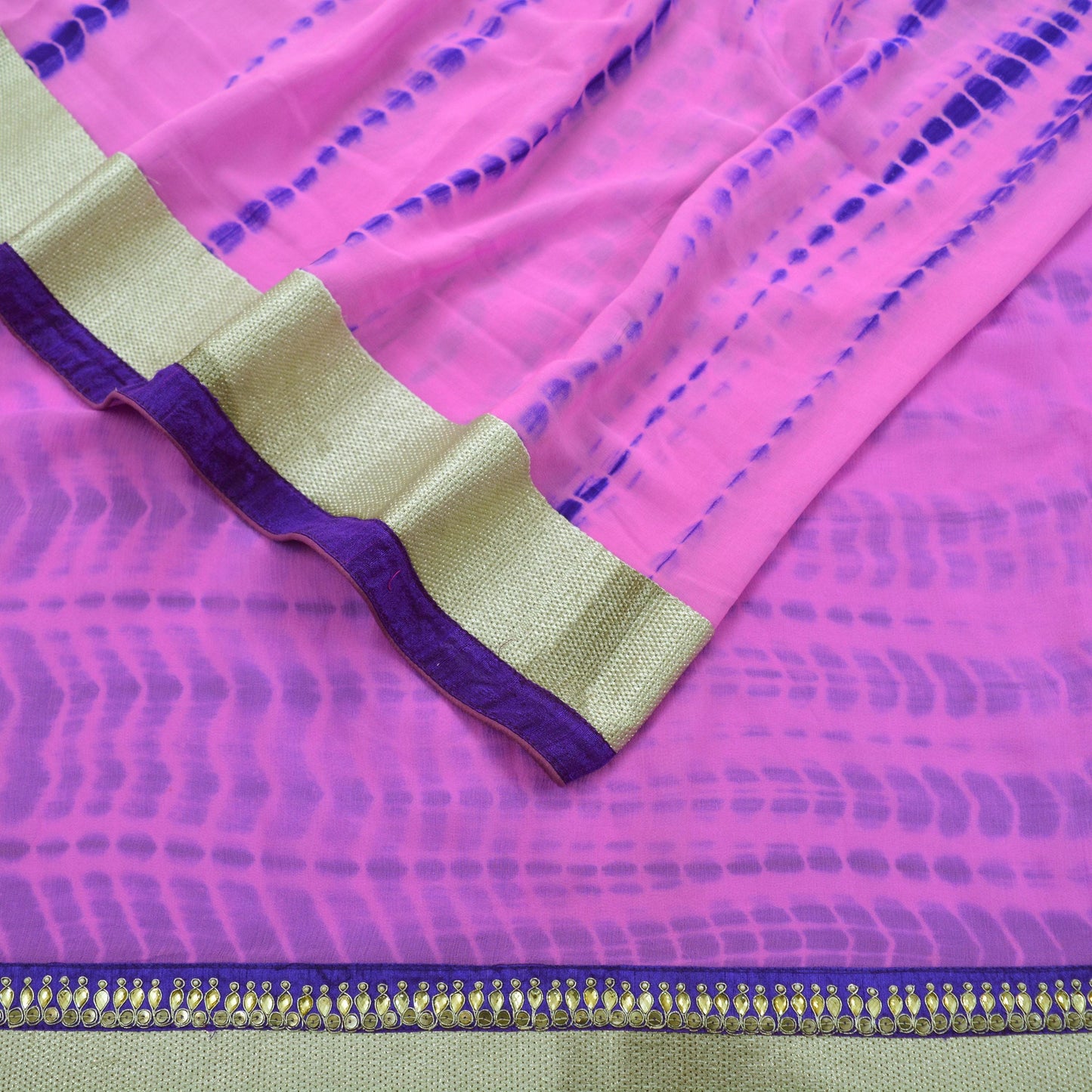 Indian Vintage Purple & Pink Sarees Pure Georgette Silk Hand Embroidered Leheria Sari Craft Fabric 5Yd Sewing Soft Dress Making Sequins