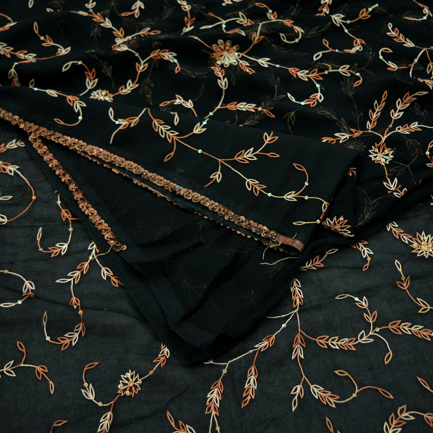 Indian Vintage Heavy Sarees Black Pure Chiffon Silk Hand Embroidered Sari Craft Fabric Ethnic 5Yd Dress Making Sewing Quilting crafting